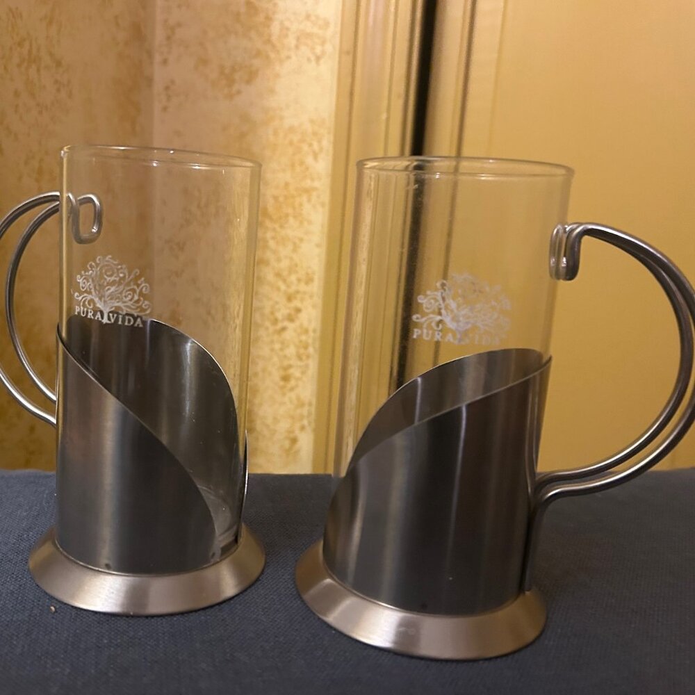 Vintage Pura Vida Irish Coffee mugs with stainless steel holders  6in tall from